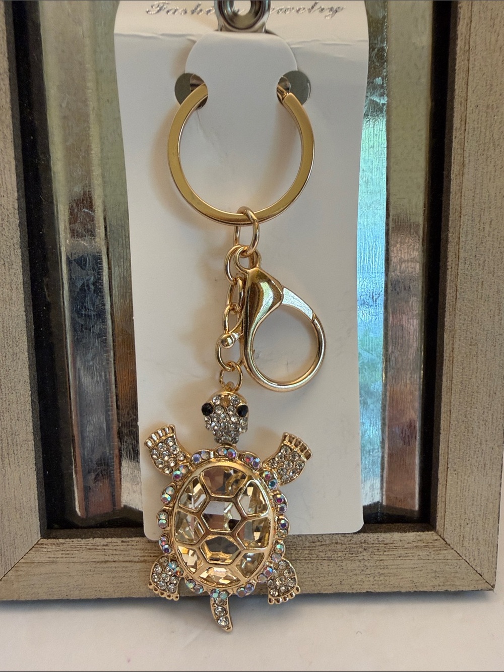 Gold-tone Crystal Turtle Keychain Charm